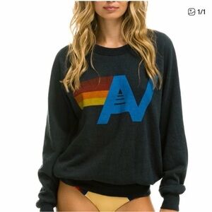 Aviator Nation Blue/Gray Sweatshirt with Multicolor Logo, Medium